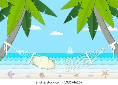 The seascape is made from cut out colored paper. Sea, yacht, beach, palm trees, hammock, hat.