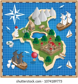 Seascape. Medieval island. Isometric. Vector illustration.