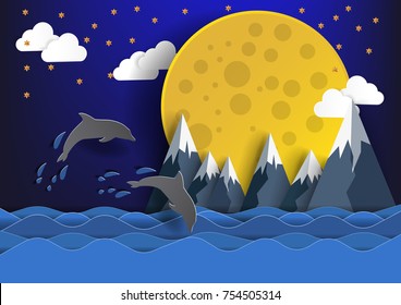 The seascape at midnight with Dolphin and The moon.paper style