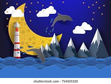 The seascape at midnight with Dolphin and The moon.paper style