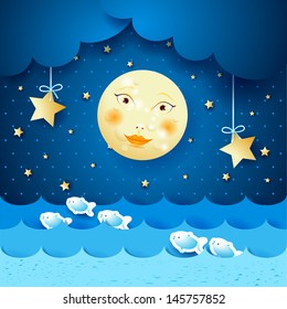 Seascape and moon, vector