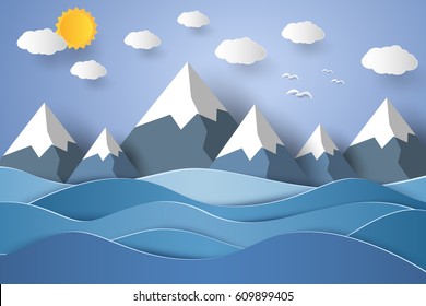 Seascape With Mountain , Paper Art Style