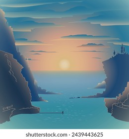 Seascape with mountain slopes and a fisherman sitting alone on a pier. Morning sun and sea haze of light. Vector illustration with gradient. 