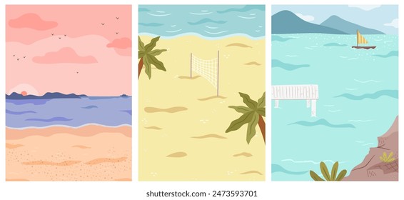 Seascape with mountain views, tropical beach with volleyball net, palm trees and grass, rocks and waves. Vector summer vacation by sea. Nature landscapes with wild scenes, seaside holiday