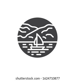 Seascape with mountains and sailboat vector icon. filled flat sign for mobile concept and web design. Yacht sailing in sea glyph icon. Symbol, logo illustration. Vector graphics