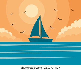 Seascape. Nautical illustration, a sailboat and seagulls on a sunset background. Wall art, illustration, vector