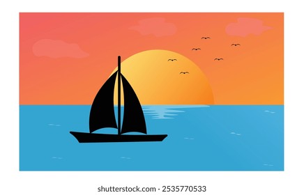 Seascape Ilustração náutica um veleiro e gaivotas em uma imagem de vetor de fundo do pôr do sol.