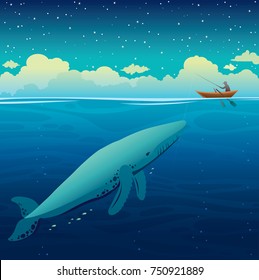 Seascape and night starry sky. Vector illustration with fisherman and wooden boat above the big blue whale on a calm ocean.
