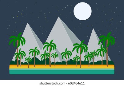 seascape. night in the tropics. mountains around palms. island in the ocean, flat design