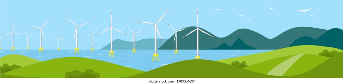 Seascape with offshore wind generators. Offshore wind farm. Sea wind turbines. Long horizontal banner. Flat vector illustration.