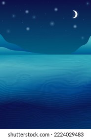 El paisaje marino en una noche estrellada. Ilustración vectorial de un paisaje con gradientes. Líneas, montañas, olas, estrellas y luna. Impresión gráfica.