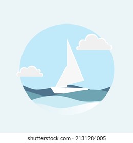 
Seascape on a sunny day with waves, clouds and sailboats. 3D paper cut style. Nautical background, sailboat in paper art design. Vector illustration