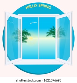 Seascape from an open window - palm trees, suns, a seagull - round icon - isolated on white background - vector. Hello spring.