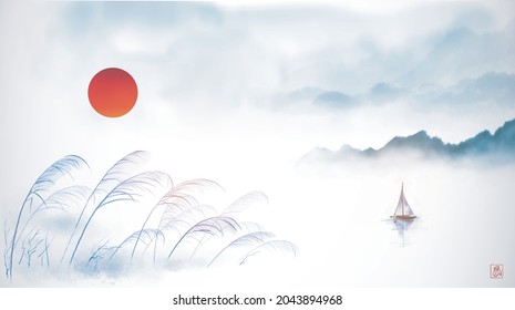 Seascape in oriental style with fishing sailboat in calm water, grass ion the wind and far misty mountains. Traditional oriental ink painting sumi-e, u-sin, go-hua. Translation of hieroglyph - wind.