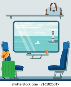 Seascape Outside The Train Window.  Traveling By Rail In Summer. The Interior Of The Train Car. Vector Illustration