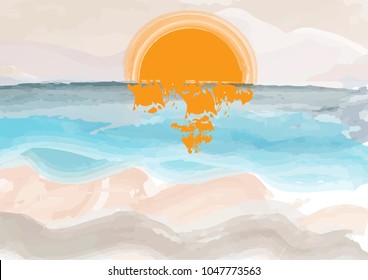 Seascape painting with sunset and beach, vector illustration   