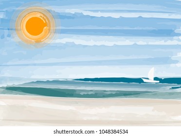 Seascape painting with sunset and beach, vector illustration 