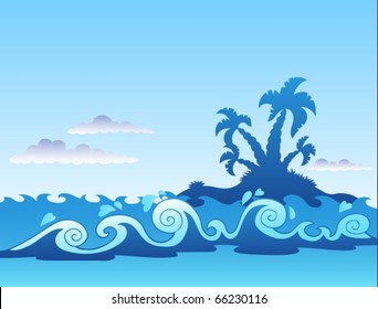 El paisaje marino con la isla de la palma y las olas - ilustración vectorial.