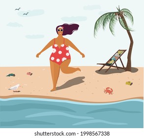 Seascape, palm tree, chaise longue.  Vector illustration. A happy plus-size woman in a swimsuit runs along the beach.  A smiling overweight girl, summer vacation, travel.