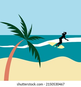 Seascape with palm tree and silhouette of a girl on a surfboard on a wave