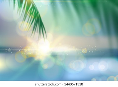 Seascape with palm tree, tropical beach background. Blur bokeh light of calm sea and sky. Vector illustration.