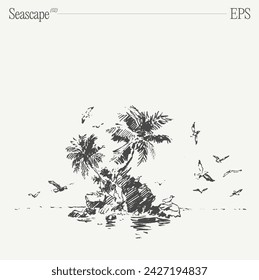 Seascape with palm trees and flying seagulls. Hand drawn vector illustration, sketch.