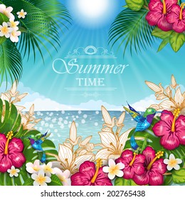 Seascape with palm trees frame of tropical flowers and hummingbirds- editable-transparency blending effects and gradient mesh-EPS 10.