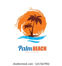 seascape with palm trees on island and ocean waves, stylized vector symbol