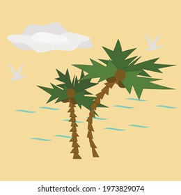 Seascape, palm trees, sea, gulls, sand