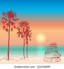 Seascape with palm trees and seashells sunset on the beach. vector