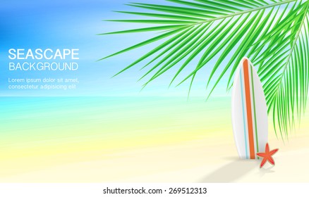 seascape with palm trees and surfboard