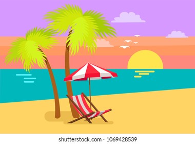 Seascape and palms sunset, flying seagulls and seascape, umbrella and hammock-chair, hot sands and trees, nature and clouds on vector illustration