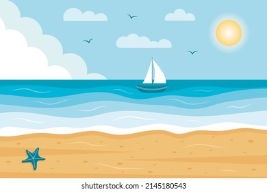 Seascape panorama with sailboat. Tropical beach with starfish. Paradise nature vacation, ocean or sea seashore. Vector illustration.