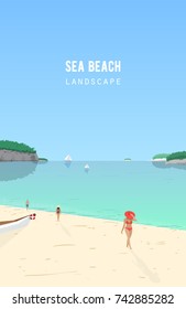 Seascape with people walking on sand beach and sail boats floating in azure sea. Seaside landscape with ocean coast and yachts on horizon. Summer vacation, tropical resort. Vector illustration