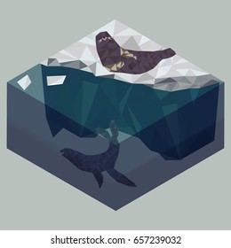 Seascape poster, low poly seals on iceberg