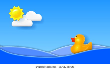 Cartaz de Seascape. Fundo de férias de verão com objetos vetoriais. Pato de borracha amarelo nas ondas azuis