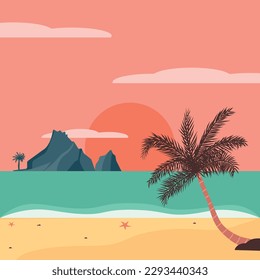 El paisaje marino en estilo retro. Atardecer en una playa tropical. Ilustración del vector