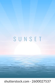 Seascape with the rising sun on the horizon. The sun's rays are reflected in the water. Clear blue sky. Vector panoramic image for background, poster, postcard, cover.