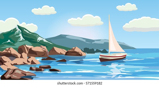 Seascape, rocks, cliffs, a yacht under sail, ocean, surf, Cartoon style, vector illustration