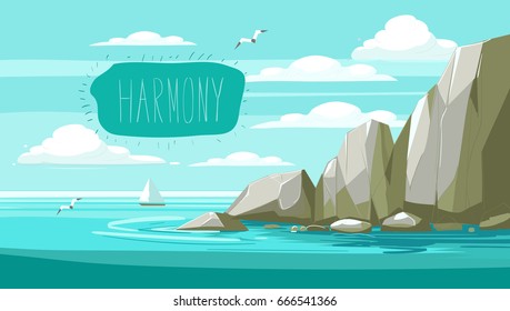 Seascape with rocks and clouds.Vector cartoon illustration