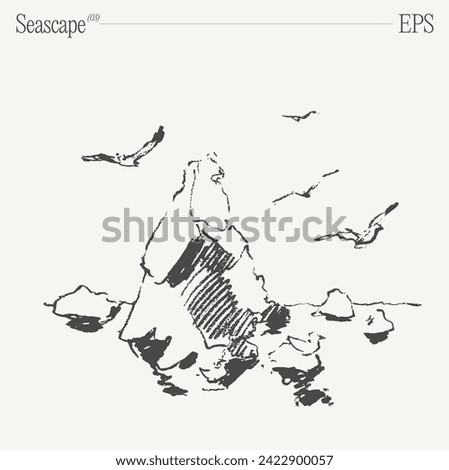Seascape with rocks and flying seagulls. Hand drawn vector illustration, sketch.