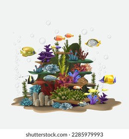 Seascape rocks and plants. Underwater view with sand and seaweed, fish floating near the bottom of the ocean. Aquatic image wildlife vector illustration