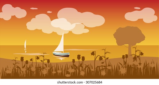 Seascape, rocks, sail boat, sunset, sea, vector, banner, illustration