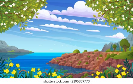 Seascape with rocks in spring season. Landscape of nature, plants, flora of natural area. Outdoor recreation place with coastline view. Ocean rocky shore with beautiful scenery vector illustration