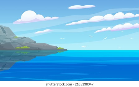 Capa de mar con ilustración vectorial de rocas. Paisaje de la naturaleza, plantas, flora de área natural. Lugar de recreo al aire libre con vista panorámica abstracta de la costa. Orilla rocosa del océano con un hermoso paisaje