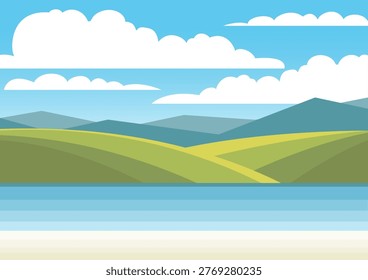 Seascape with rocky coastlines, cliffs, waves and blue sky with clouds in cartoon style. Panoramic ocean