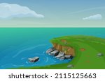 Seascape with rocky coastlines, rocks, cliffs, stones, waves and blue sky with clouds in cartoon style. Panoramic ocean scenery