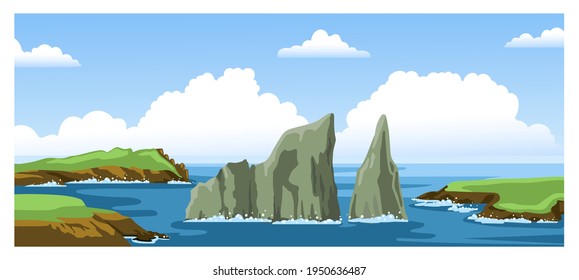 Seascape with rocky coastlines, rocks, cliffs, stones, blue sky with big fluffy clouds. 
Colorful panoramic ocean scenery. Hand-drawn vector illustration.