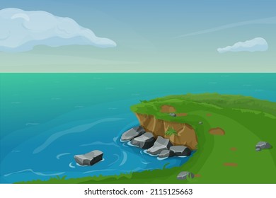 Seascape with rocky coastlines, rocks, cliffs, stones, waves and blue sky with clouds in cartoon style. Panoramic ocean scenery