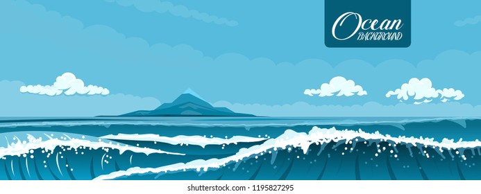 Seascape with rocky island. Waves in the foreground 